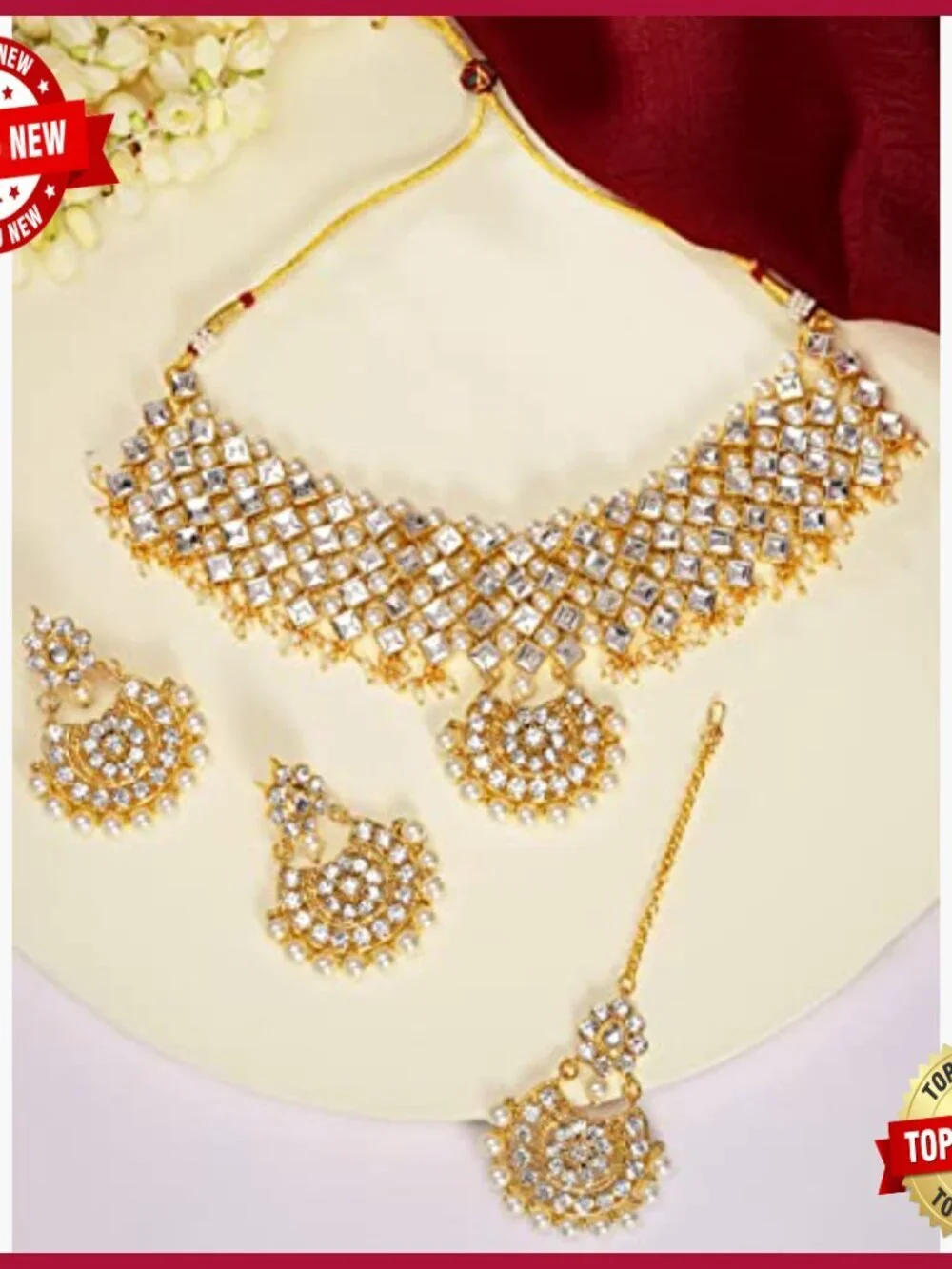 Gold Plated Kundan Choker Necklace & Earring Set Jewelry Gift